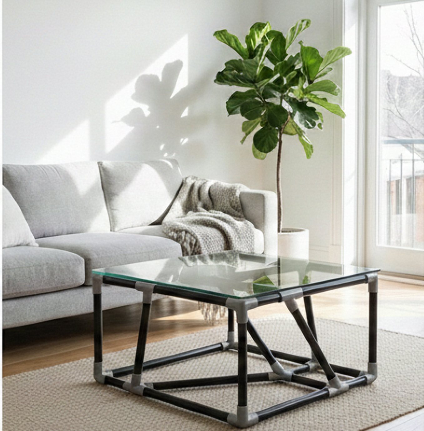 Mesa FOAM ao lado de um sofá cinza e uma planta